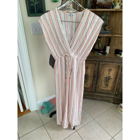 Blue Island Rose Pink White & Gold Metallic Thread Striped Maxi Dress - Picture 9 of 9